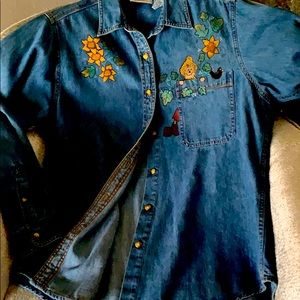 Hand Painted Vintage Denim Button Shirt OOAK Scarecrow Sunflowers Grannycore